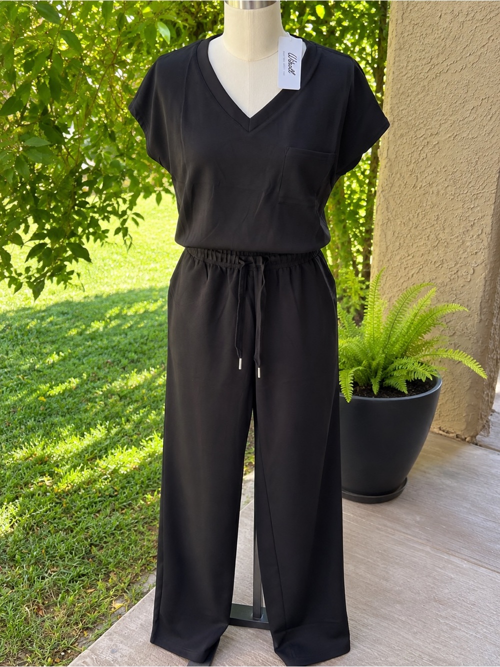 Black V-Neck Wide-Leg Jumpsuit with Drawstring Waist
